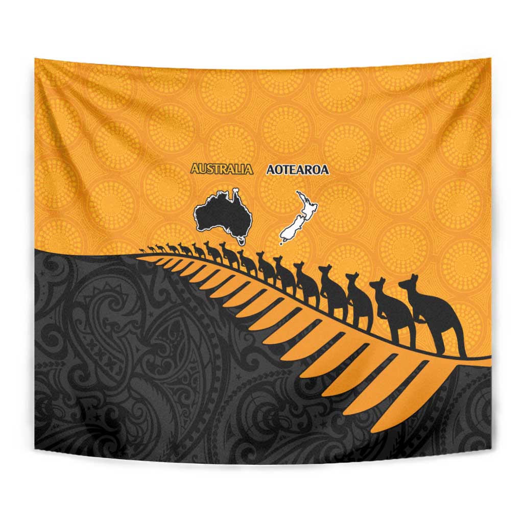 Australia New Zealand Rugby Tapestry Gold Aboriginal Wallabies and Maori Black Fern - Aussie Hoodie