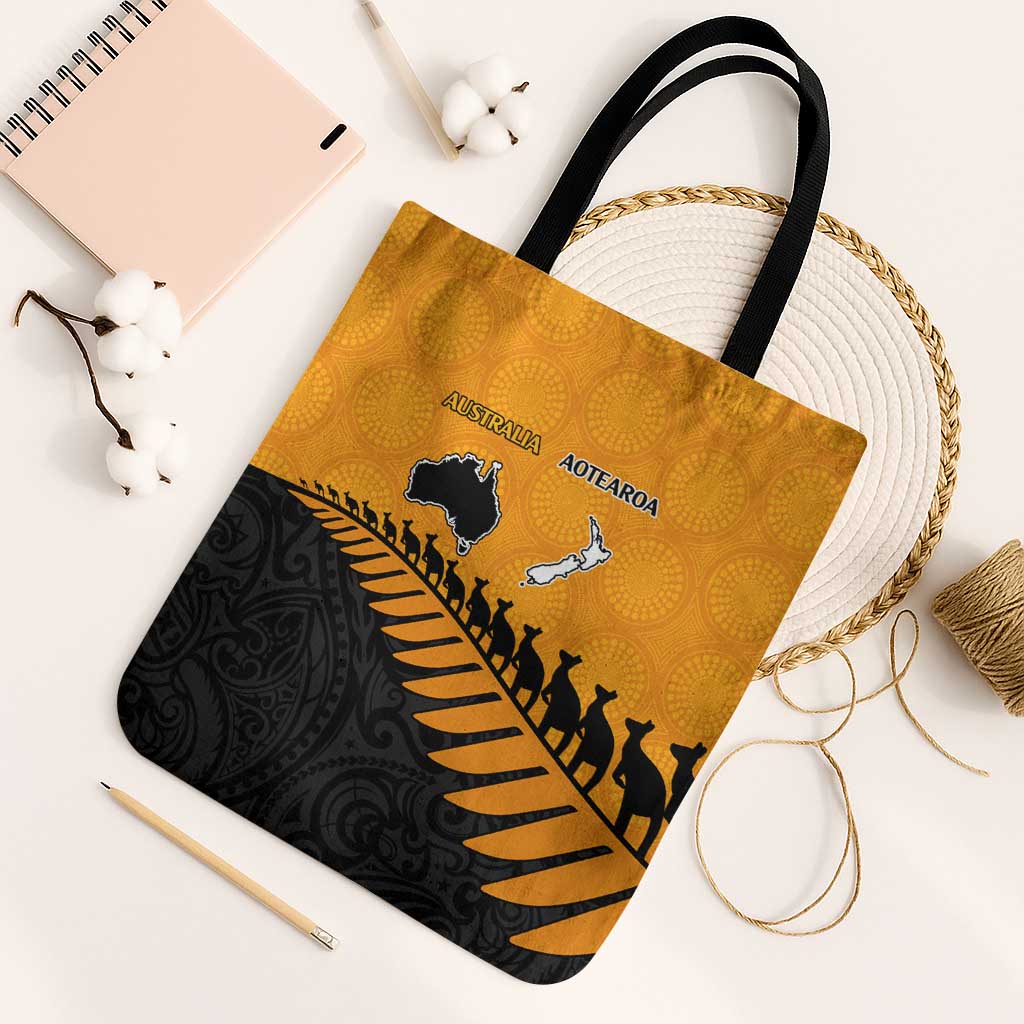 Australia New Zealand Rugby Tote Bag Gold Aboriginal Wallabies and Maori Black Fern - Aussie Hoodie