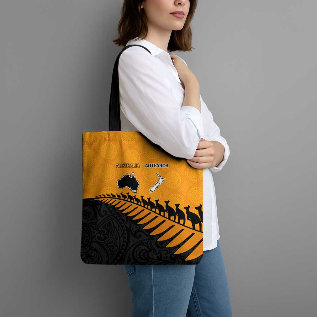 Australia New Zealand Rugby Tote Bag Gold Aboriginal Wallabies and Maori Black Fern - Aussie Hoodie