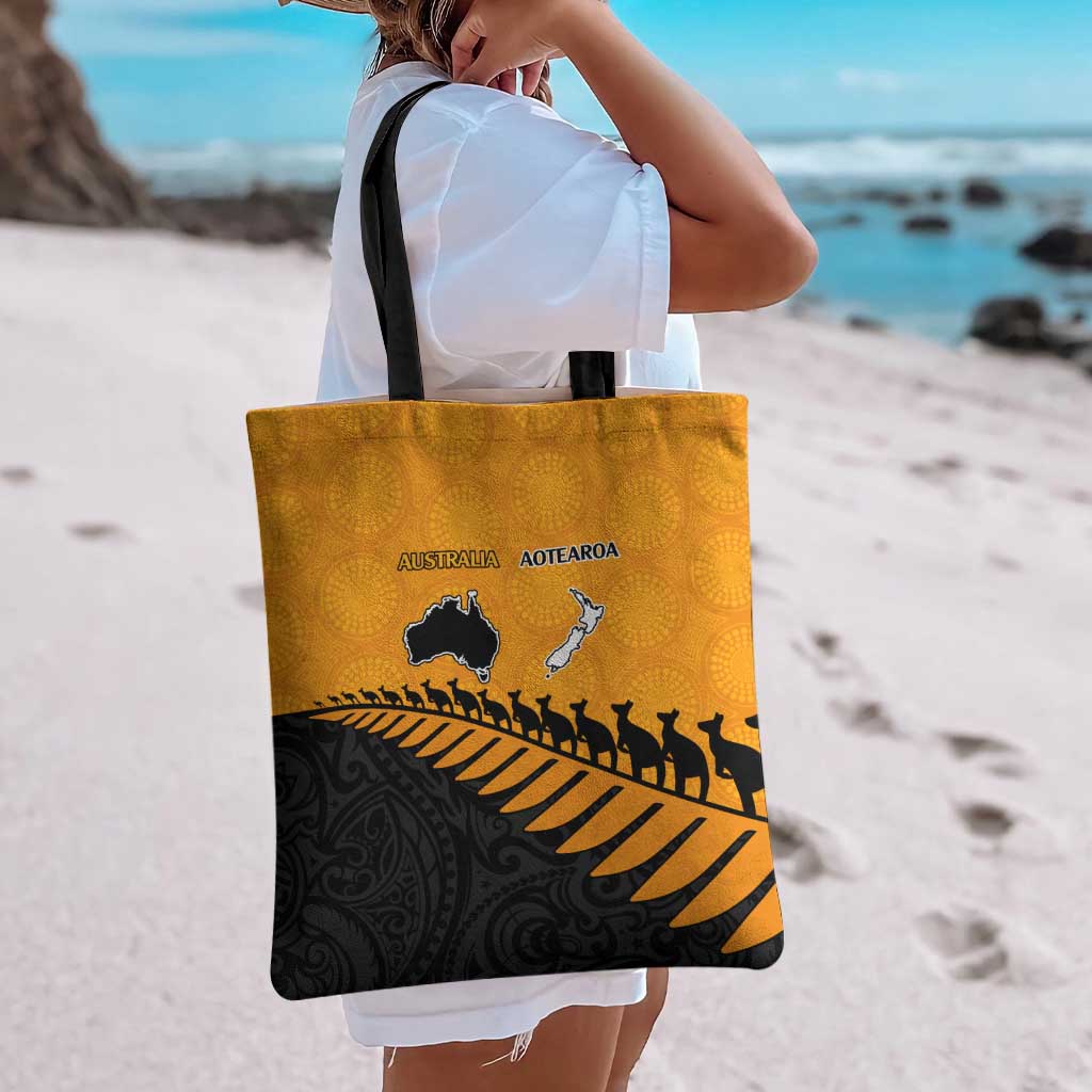 Australia New Zealand Rugby Tote Bag Gold Aboriginal Wallabies and Maori Black Fern - Aussie Hoodie