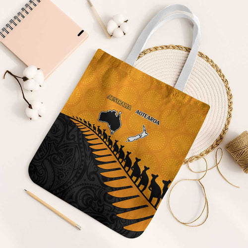 Australia New Zealand Rugby Tote Bag Gold Aboriginal Wallabies and Maori Black Fern - Aussie Hoodie