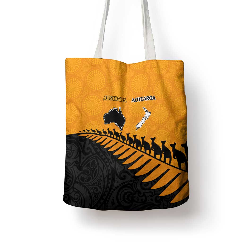 Australia New Zealand Rugby Tote Bag Gold Aboriginal Wallabies and Maori Black Fern - Aussie Hoodie