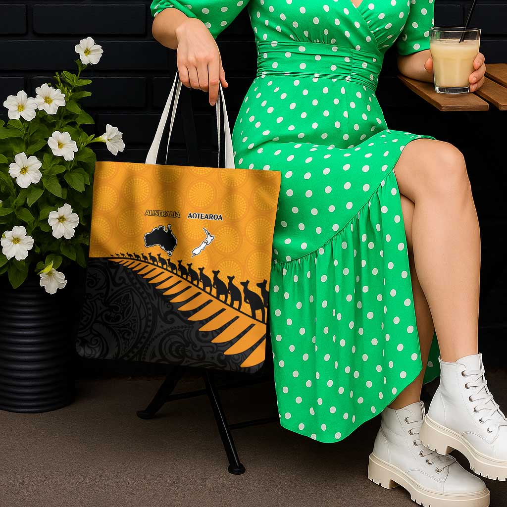 Australia New Zealand Rugby Tote Bag Gold Aboriginal Wallabies and Maori Black Fern - Aussie Hoodie