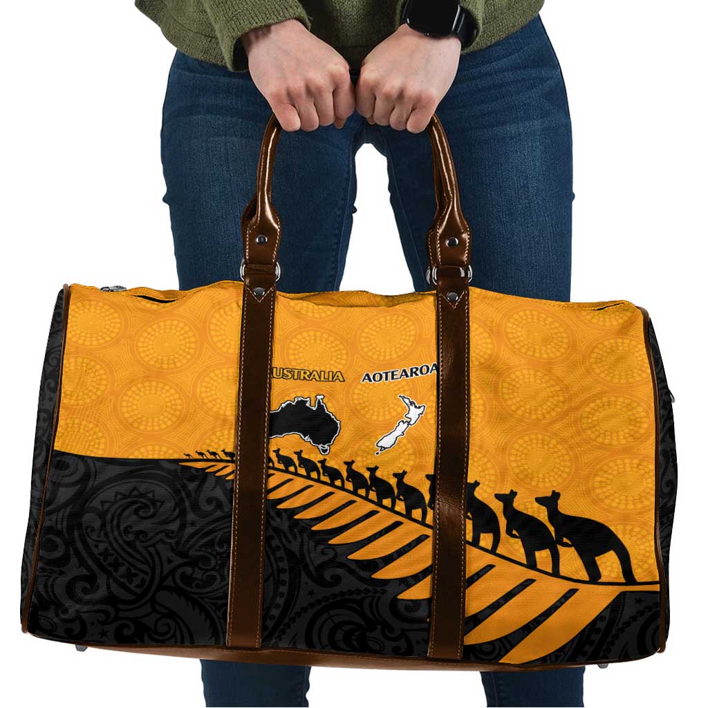 Australia New Zealand Rugby Travel Bag Gold Aboriginal Wallabies and Maori Black Fern - Aussie Hoodie