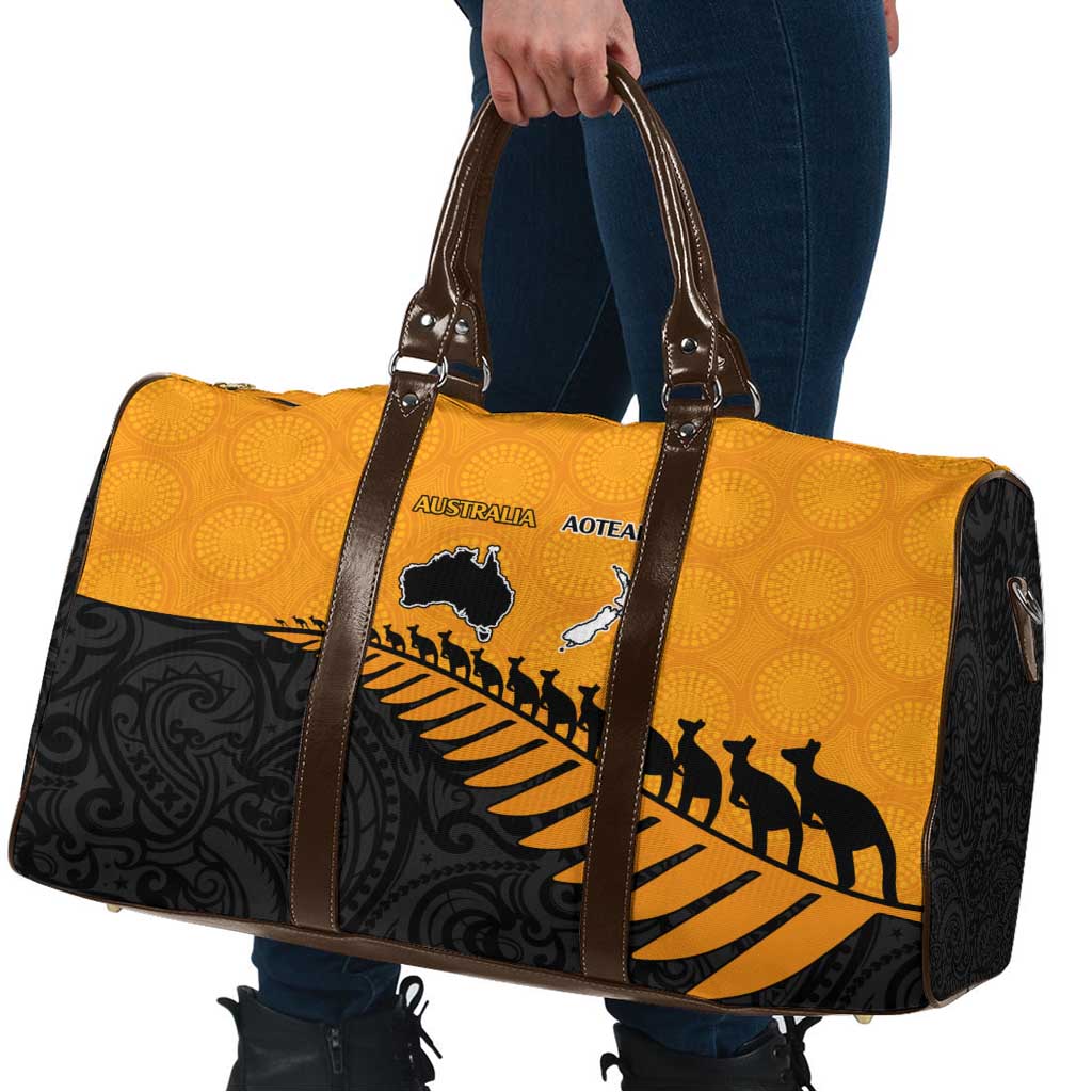 Australia New Zealand Rugby Travel Bag Gold Aboriginal Wallabies and Maori Black Fern - Aussie Hoodie