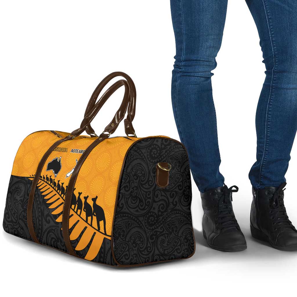 Australia New Zealand Rugby Travel Bag Gold Aboriginal Wallabies and Maori Black Fern - Aussie Hoodie