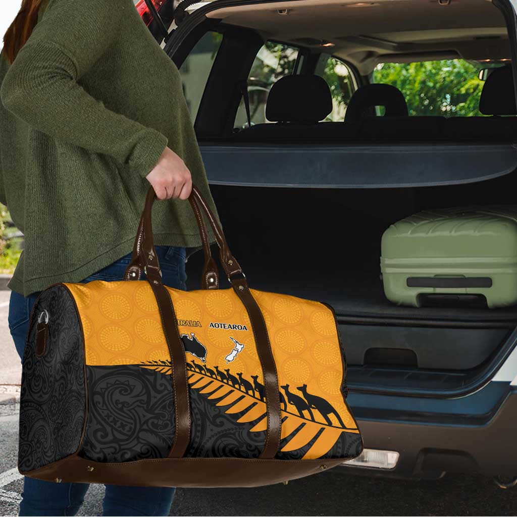 Australia New Zealand Rugby Travel Bag Gold Aboriginal Wallabies and Maori Black Fern - Aussie Hoodie