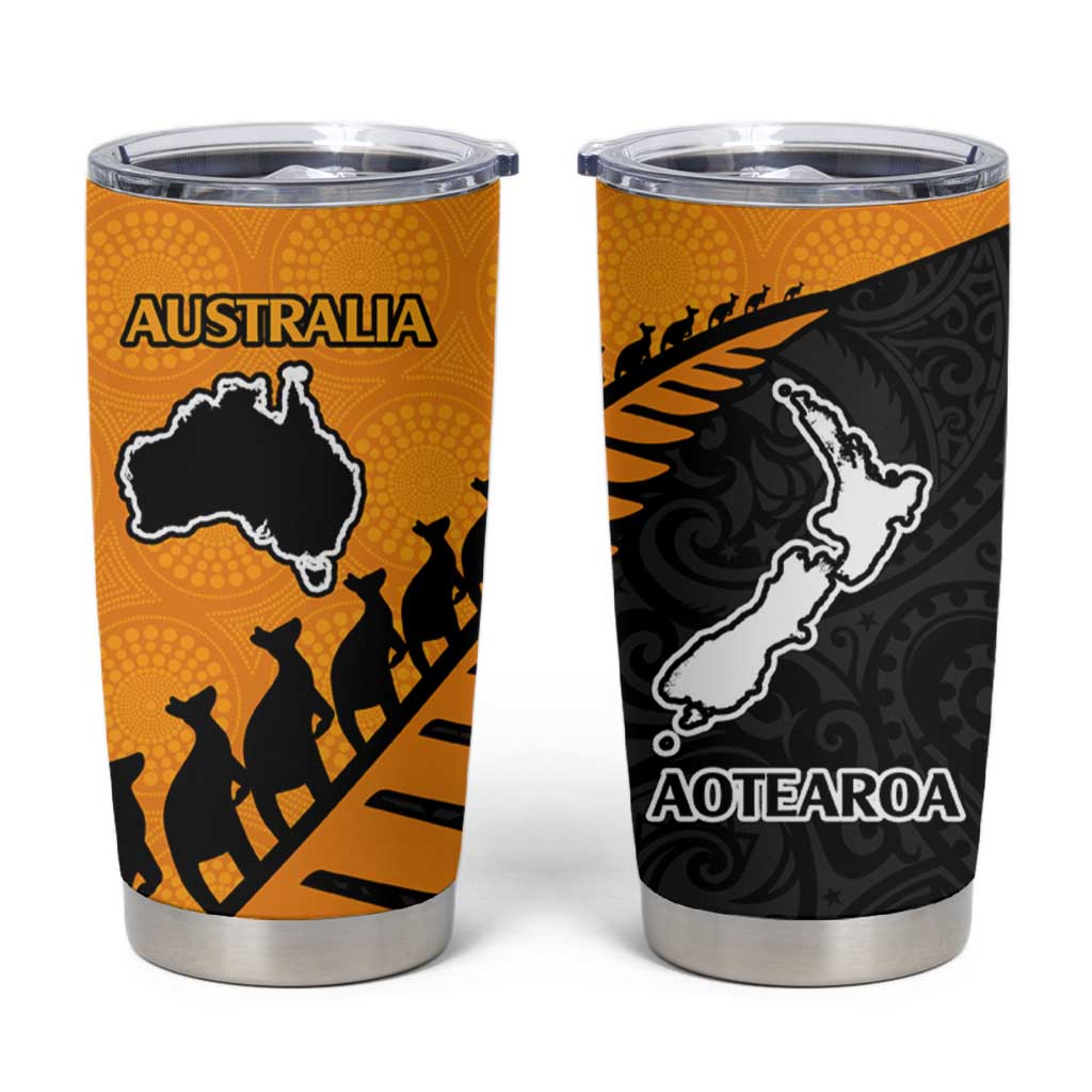 Australia New Zealand Rugby Tumbler Cup Gold Aboriginal Wallabies and Maori Black Fern - Aussie Hoodie