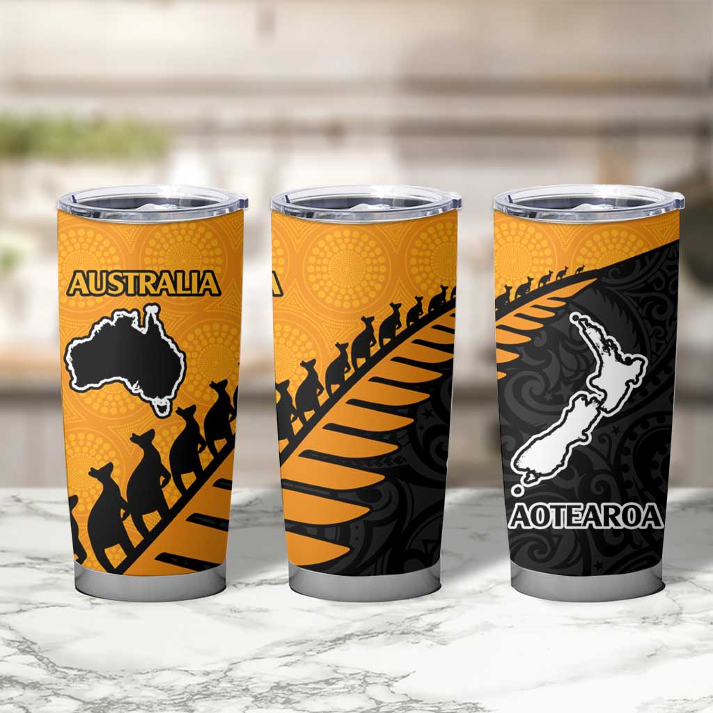 Australia New Zealand Rugby Tumbler Cup Gold Aboriginal Wallabies and Maori Black Fern - Aussie Hoodie