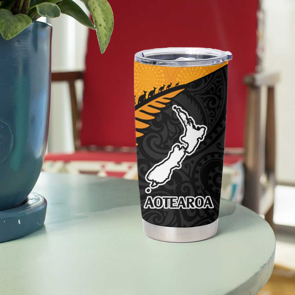 Australia New Zealand Rugby Tumbler Cup Gold Aboriginal Wallabies and Maori Black Fern - Aussie Hoodie