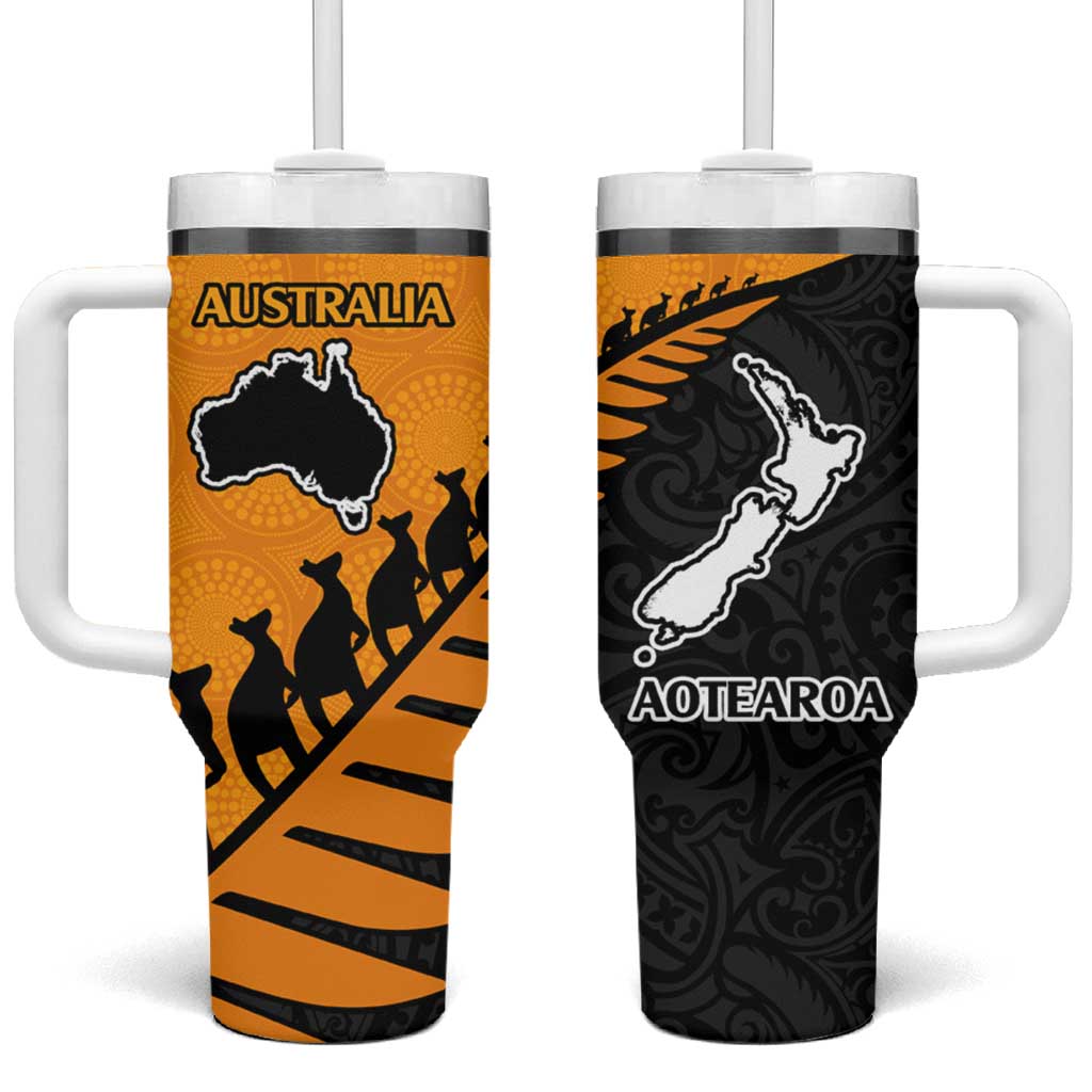 Australia New Zealand Rugby Tumbler With Handle Gold Aboriginal Wallabies and Maori Black Fern - Aussie Hoodie