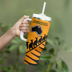 Australia New Zealand Rugby Tumbler With Handle Gold Aboriginal Wallabies and Maori Black Fern - Aussie Hoodie