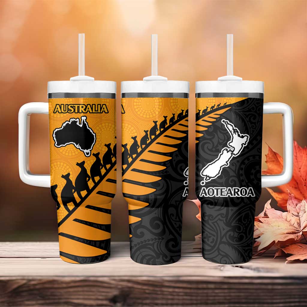 Australia New Zealand Rugby Tumbler With Handle Gold Aboriginal Wallabies and Maori Black Fern - Aussie Hoodie
