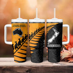 Australia New Zealand Rugby Tumbler With Handle Gold Aboriginal Wallabies and Maori Black Fern - Aussie Hoodie