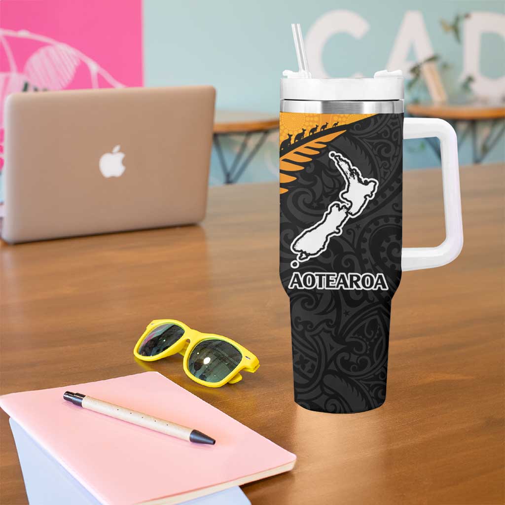 Australia New Zealand Rugby Tumbler With Handle Gold Aboriginal Wallabies and Maori Black Fern - Aussie Hoodie