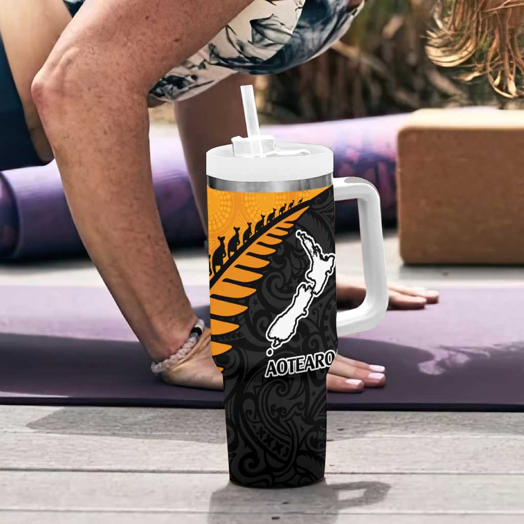 Australia New Zealand Rugby Tumbler With Handle Gold Aboriginal Wallabies and Maori Black Fern - Aussie Hoodie