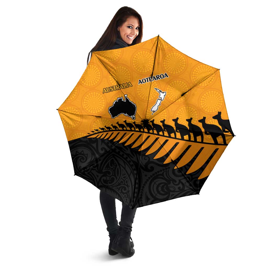 Australia New Zealand Rugby Umbrella Gold Aboriginal Wallabies and Maori Black Fern - Aussie Hoodie