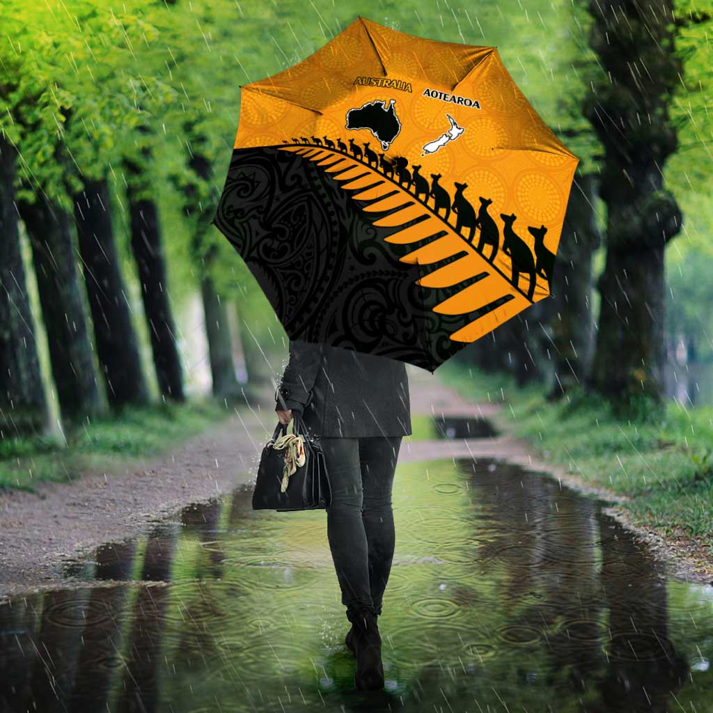 Australia New Zealand Rugby Umbrella Gold Aboriginal Wallabies and Maori Black Fern - Aussie Hoodie