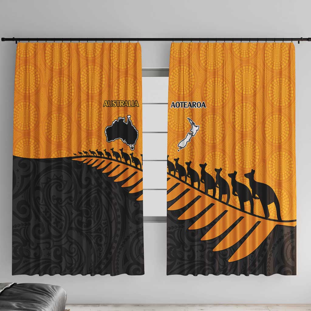 Australia New Zealand Rugby Window Curtain Gold Aboriginal Wallabies and Maori Black Fern - Aussie Hoodie