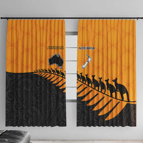 Australia New Zealand Rugby Window Curtain Gold Aboriginal Wallabies and Maori Black Fern - Aussie Hoodie