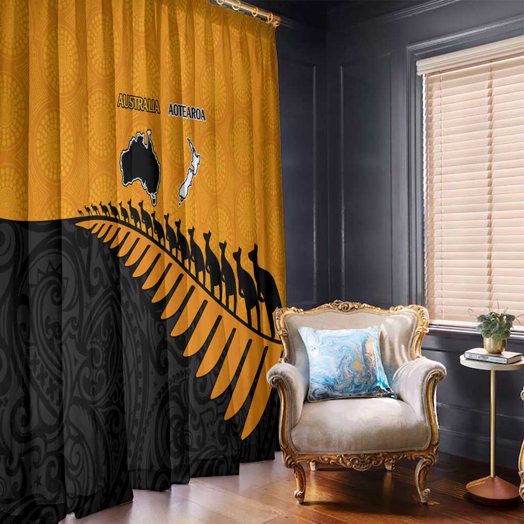 Australia New Zealand Rugby Window Curtain Gold Aboriginal Wallabies and Maori Black Fern - Aussie Hoodie