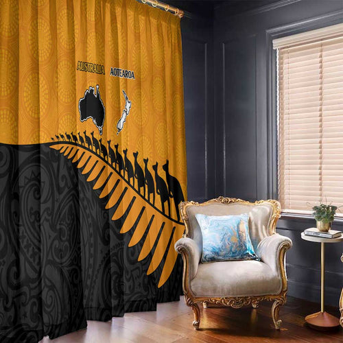 Australia New Zealand Rugby Window Curtain Gold Aboriginal Wallabies and Maori Black Fern - Aussie Hoodie
