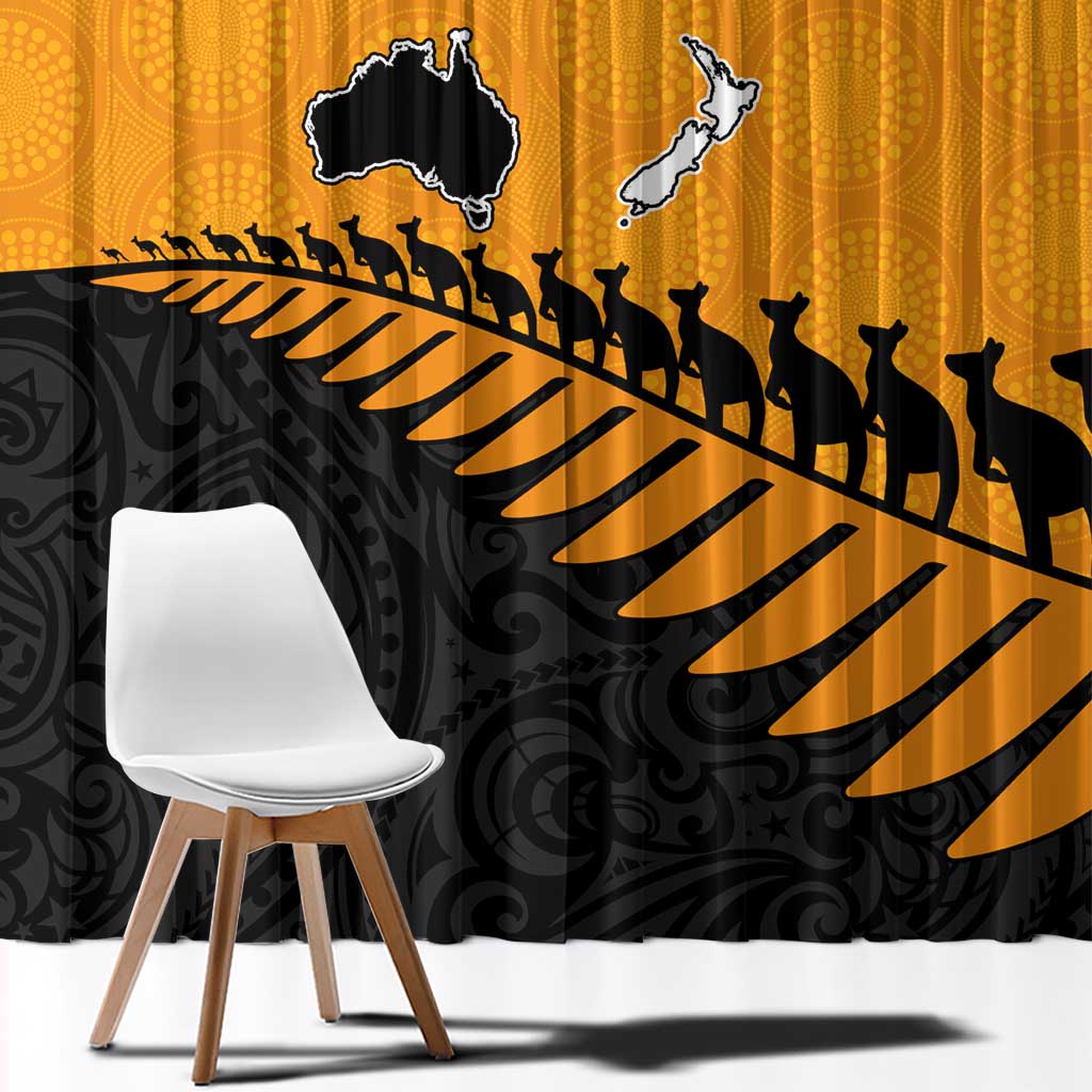 Australia New Zealand Rugby Window Curtain Gold Aboriginal Wallabies and Maori Black Fern - Aussie Hoodie