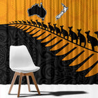 Australia New Zealand Rugby Window Curtain Gold Aboriginal Wallabies and Maori Black Fern - Aussie Hoodie