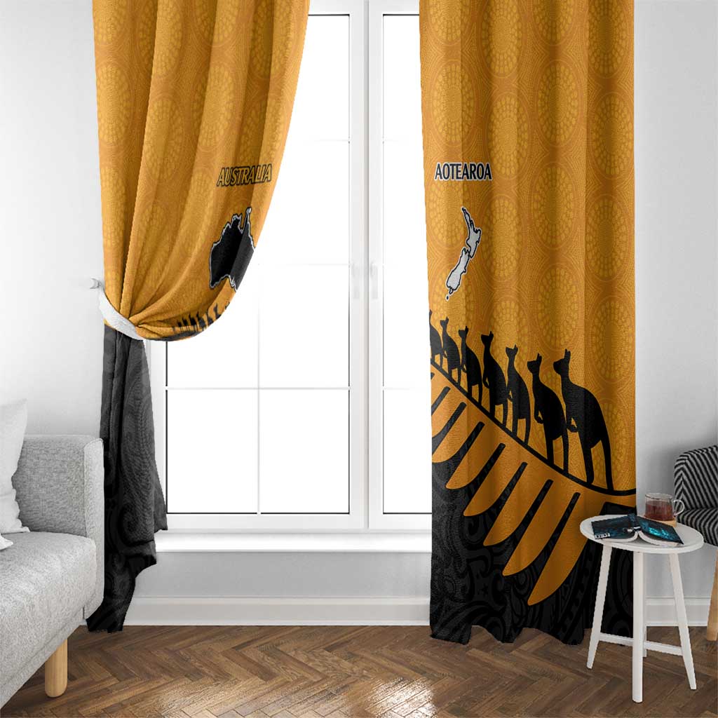 Australia New Zealand Rugby Window Curtain Gold Aboriginal Wallabies and Maori Black Fern - Aussie Hoodie