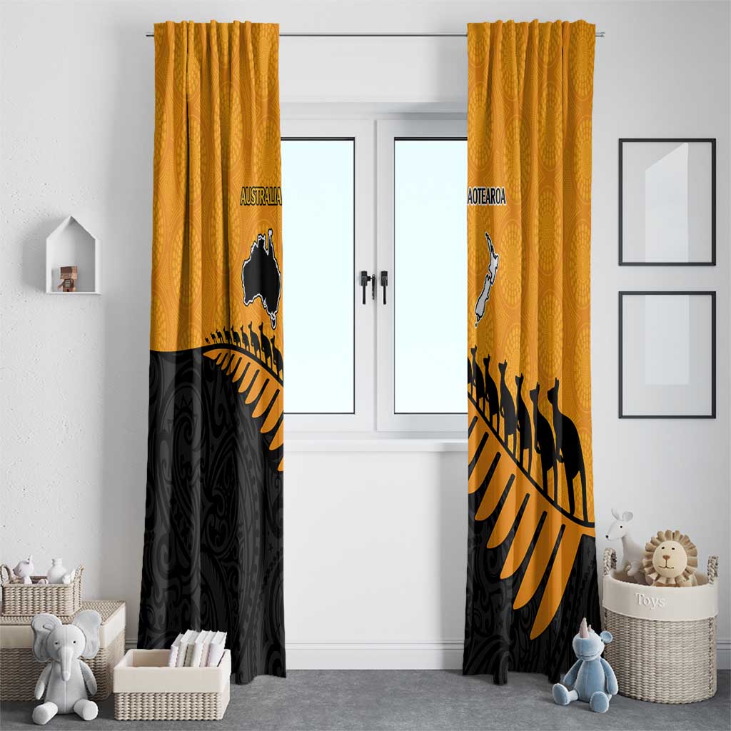 Australia New Zealand Rugby Window Curtain Gold Aboriginal Wallabies and Maori Black Fern - Aussie Hoodie