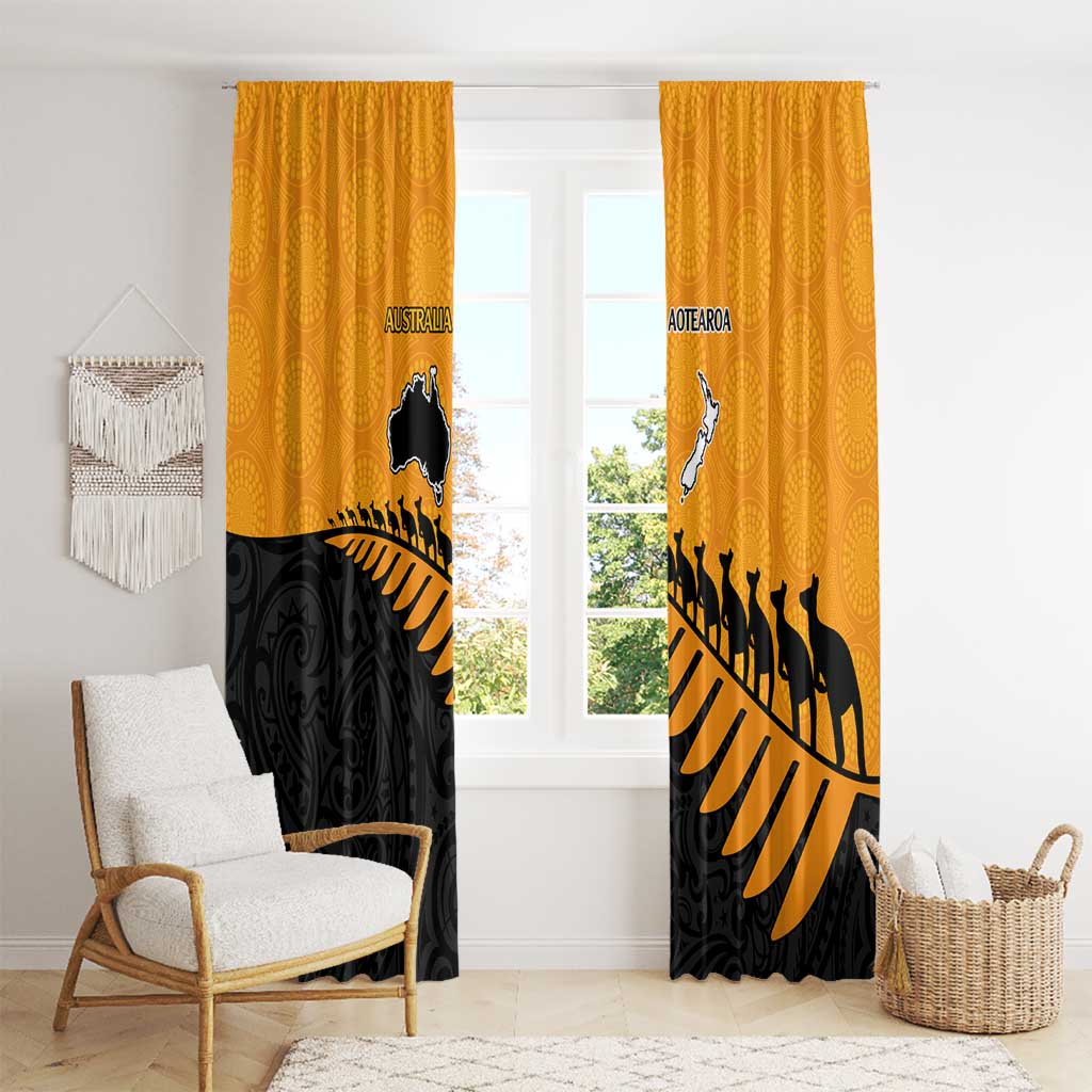 Australia New Zealand Rugby Window Curtain Gold Aboriginal Wallabies and Maori Black Fern - Aussie Hoodie
