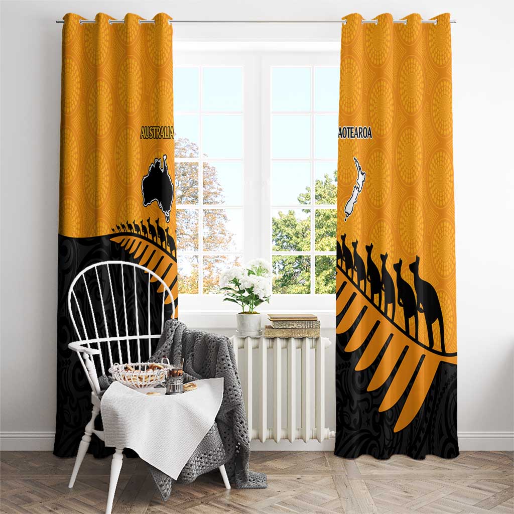Australia New Zealand Rugby Window Curtain Gold Aboriginal Wallabies and Maori Black Fern - Aussie Hoodie