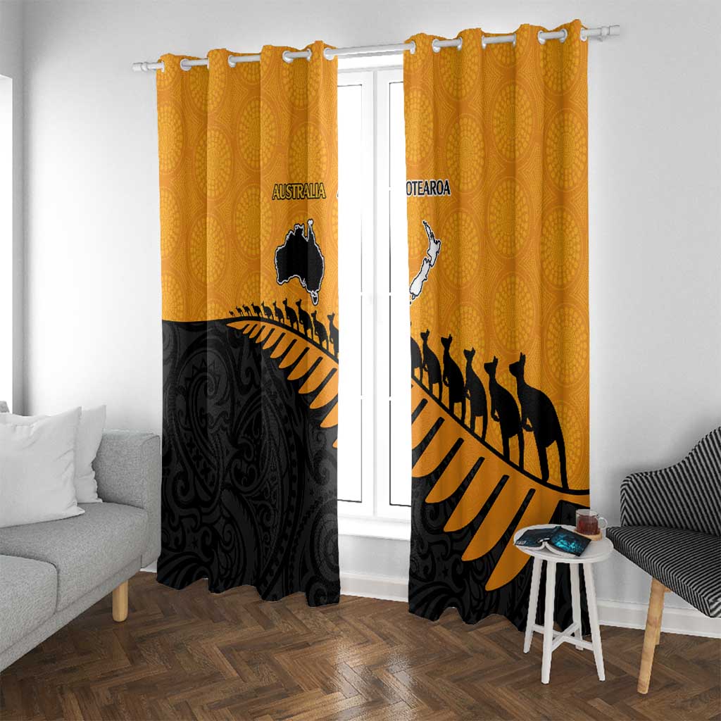 Australia New Zealand Rugby Window Curtain Gold Aboriginal Wallabies and Maori Black Fern - Aussie Hoodie