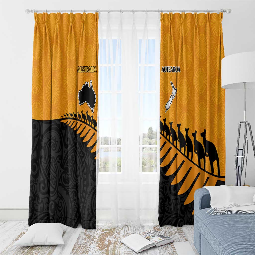 Australia New Zealand Rugby Window Curtain Gold Aboriginal Wallabies and Maori Black Fern - Aussie Hoodie