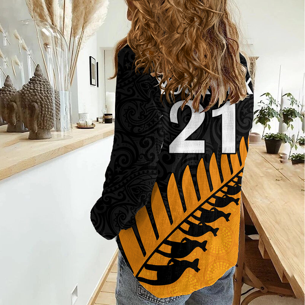Custom Australia Wallabies and Aotearoa Rugby Women Casual Shirt Kangaroo Black Fern Maori Gold Vibe LT9