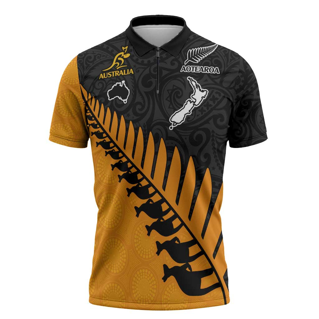Australia New Zealand Rugby Zipper Polo Shirt Gold Aboriginal Wallabies and Maori Black Fern - Aussie Hoodie