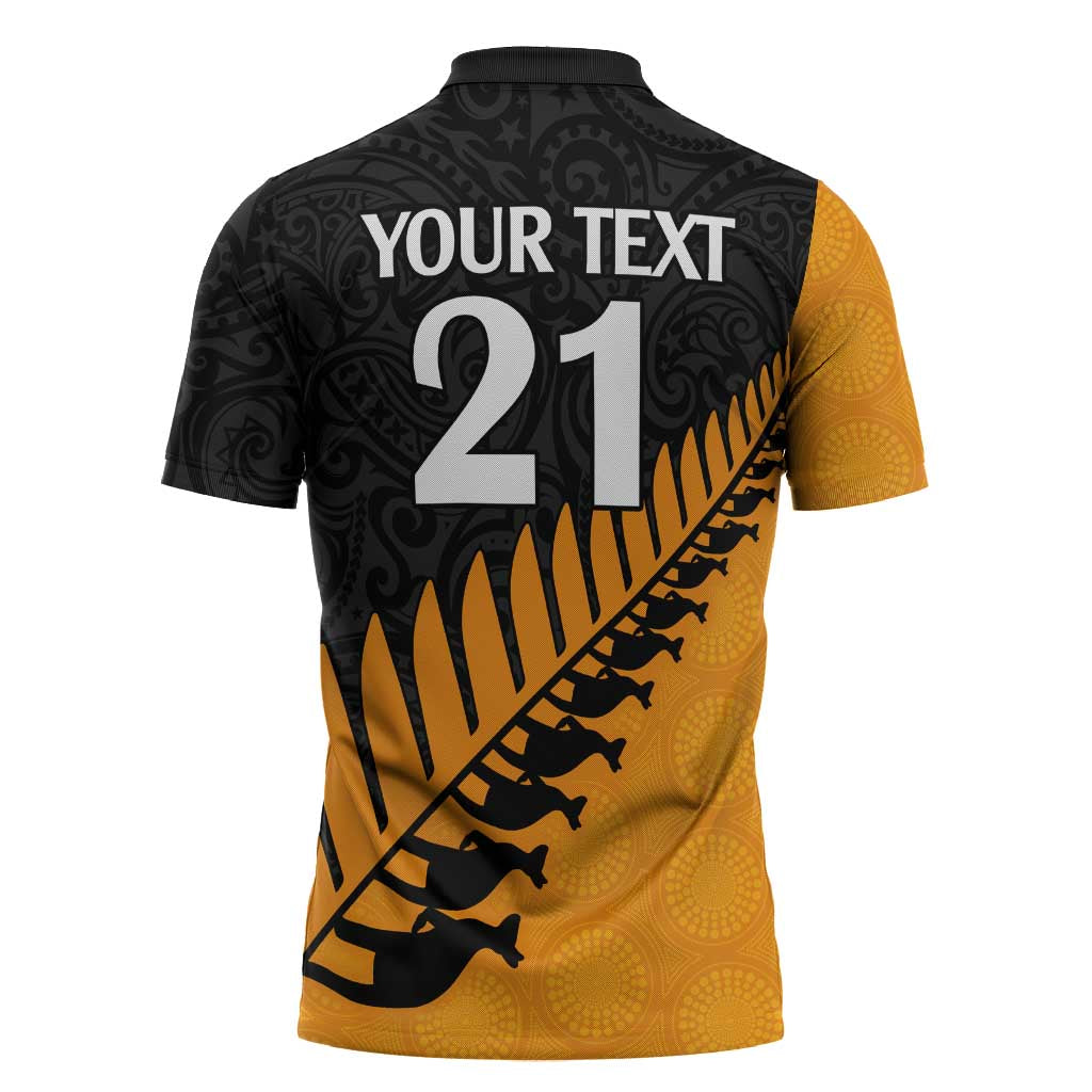 Australia New Zealand Rugby Zipper Polo Shirt Gold Aboriginal Wallabies and Maori Black Fern - Aussie Hoodie
