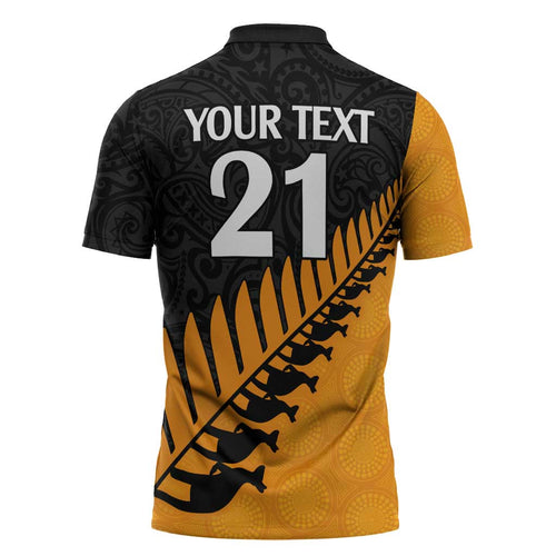 Australia New Zealand Rugby Zipper Polo Shirt Gold Aboriginal Wallabies and Maori Black Fern - Aussie Hoodie