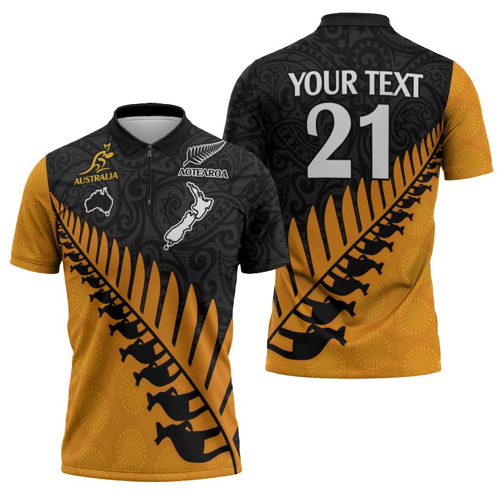 Australia New Zealand Rugby Zipper Polo Shirt Gold Aboriginal Wallabies and Maori Black Fern - Aussie Hoodie