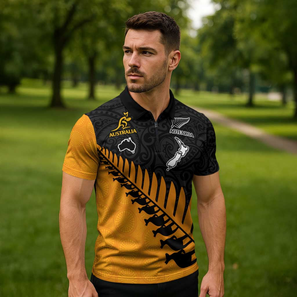 Australia New Zealand Rugby Zipper Polo Shirt Gold Aboriginal Wallabies and Maori Black Fern - Aussie Hoodie