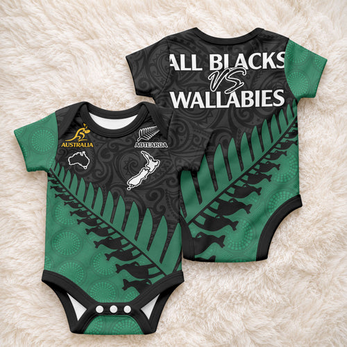 Australia Wallabies and Aotearoa Rugby Baby Onesie Kangaroo Black Fern Maori Green Vibe