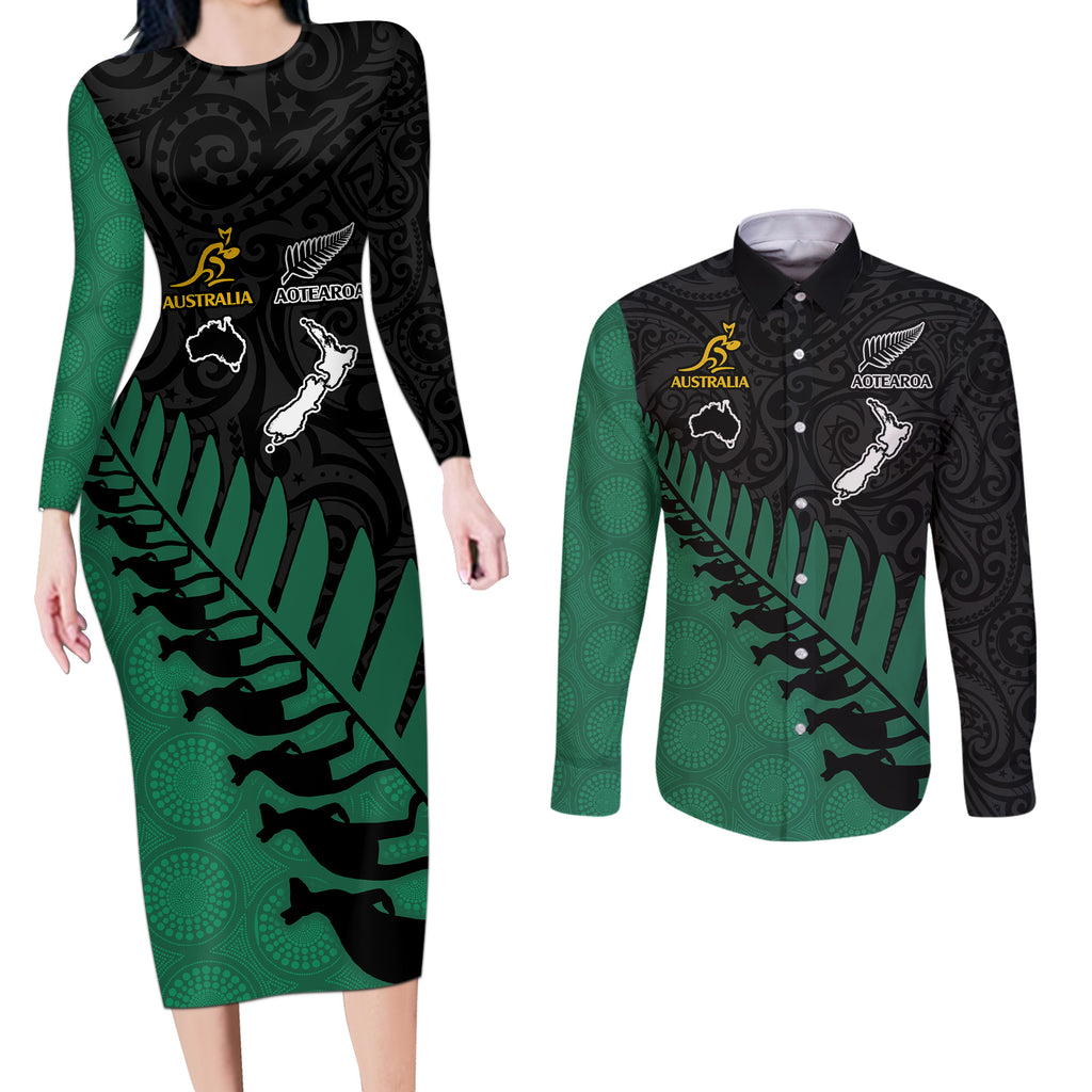australia-wallabies-and-aotearoa-rugby-couples-matching-long-sleeve-bodycon-dress-and-long-sleeve-button-shirts-kangaroo-black-fern-maori-green-vibe