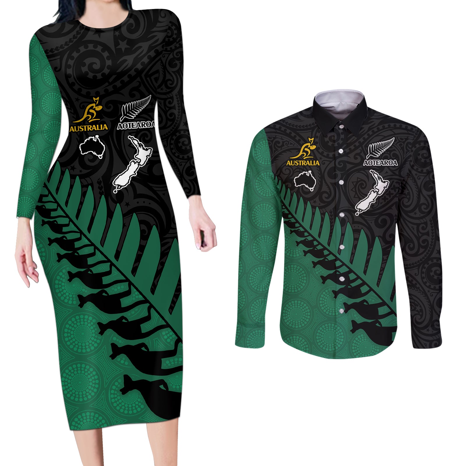 australia-wallabies-and-aotearoa-rugby-couples-matching-long-sleeve-bodycon-dress-and-long-sleeve-button-shirts-kangaroo-black-fern-maori-green-vibe