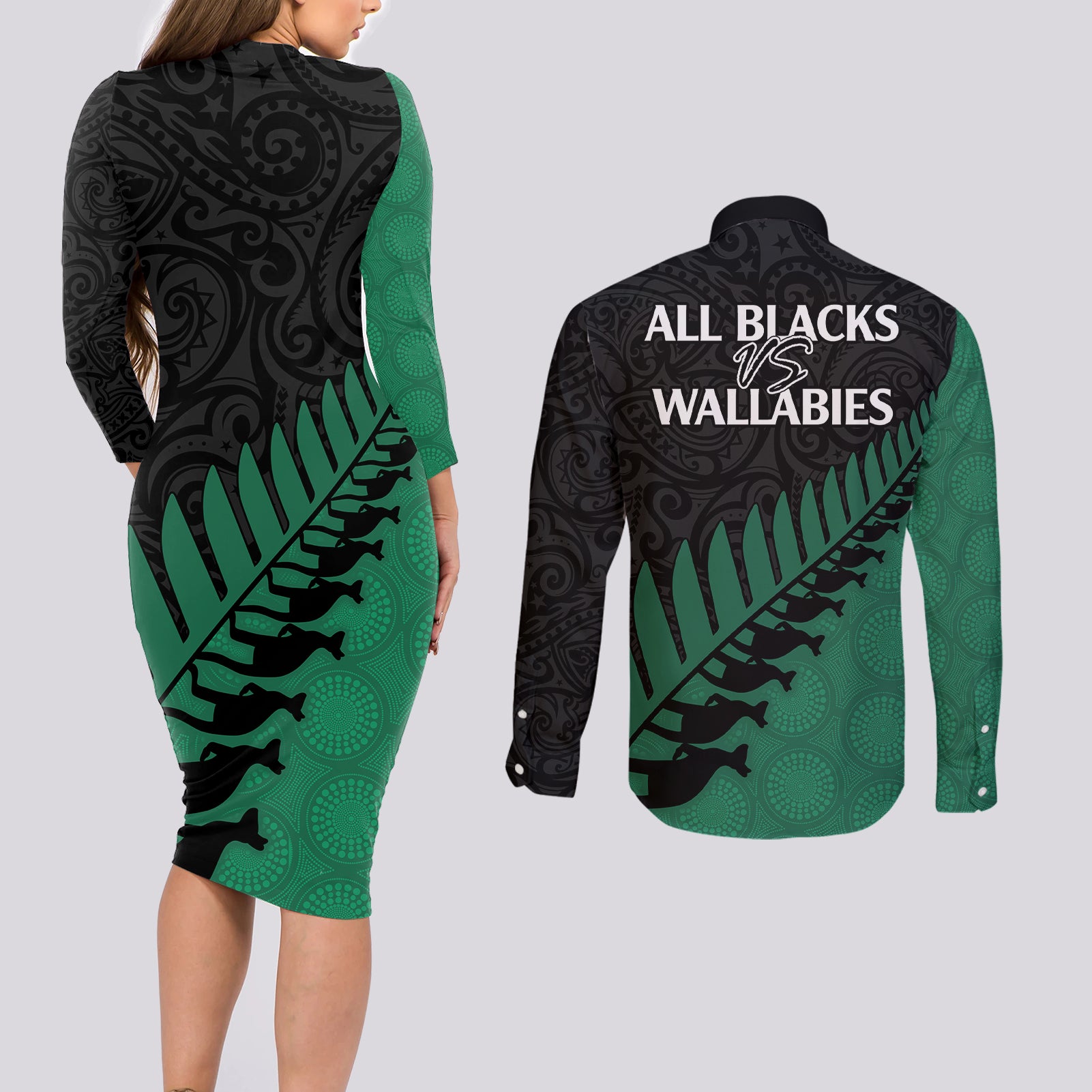 australia-wallabies-and-aotearoa-rugby-couples-matching-long-sleeve-bodycon-dress-and-long-sleeve-button-shirts-kangaroo-black-fern-maori-green-vibe
