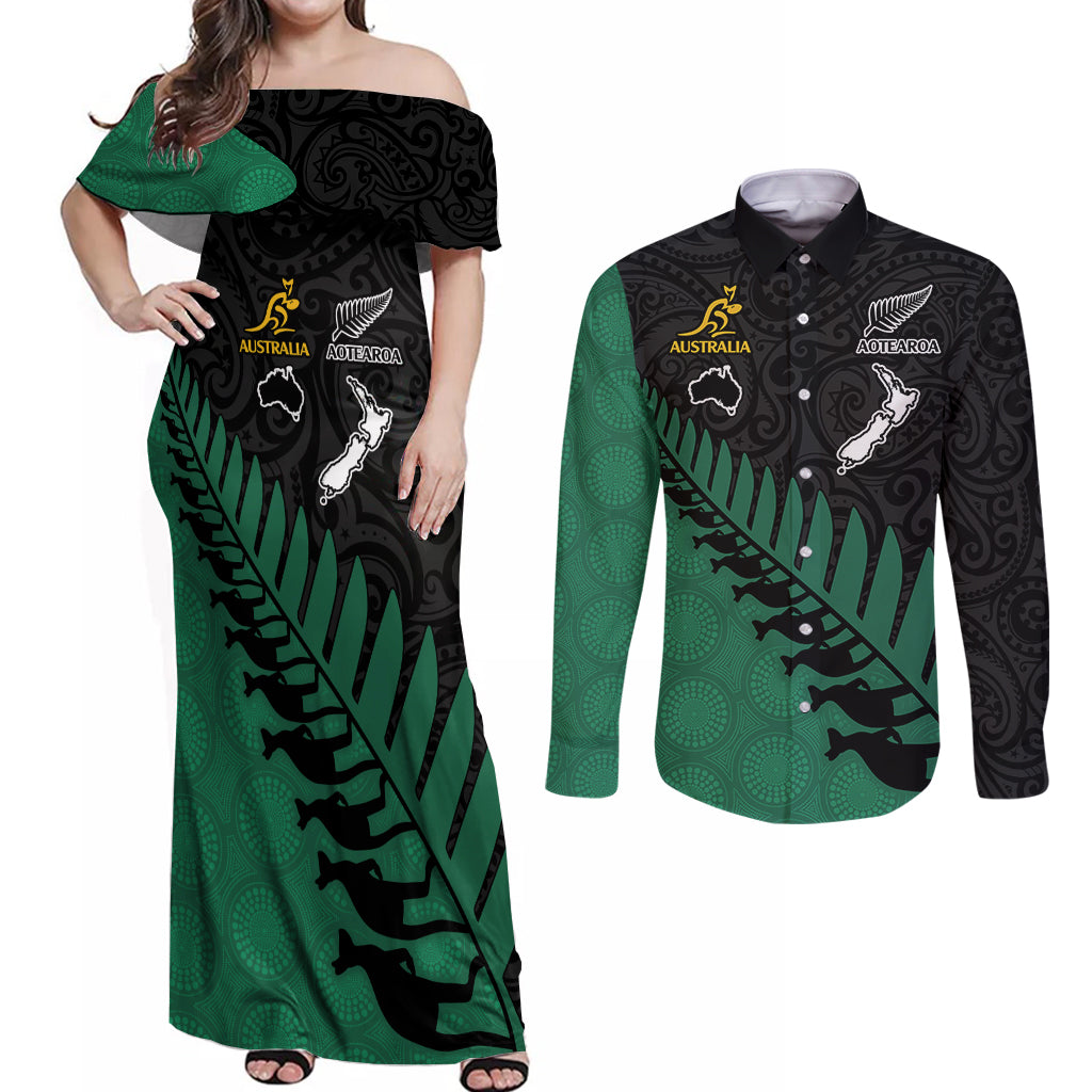 australia-wallabies-and-aotearoa-rugby-couples-matching-off-shoulder-maxi-dress-and-long-sleeve-button-shirts-kangaroo-black-fern-maori-green-vibe