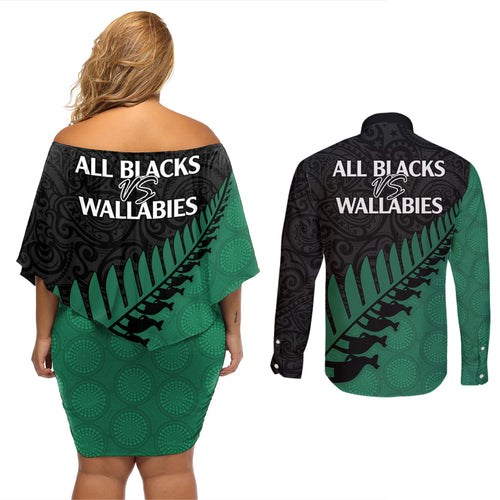 australia-wallabies-and-aotearoa-rugby-couples-matching-off-shoulder-short-dress-and-long-sleeve-button-shirts-kangaroo-black-fern-maori-green-vibe