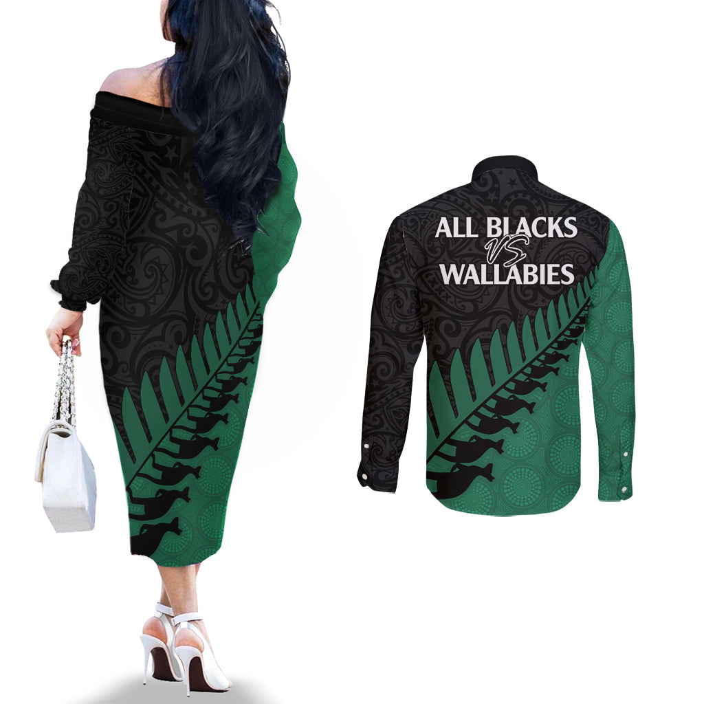 australia-wallabies-and-aotearoa-rugby-couples-matching-off-the-shoulder-long-sleeve-dress-and-long-sleeve-button-shirts-kangaroo-black-fern-maori-green-vibe