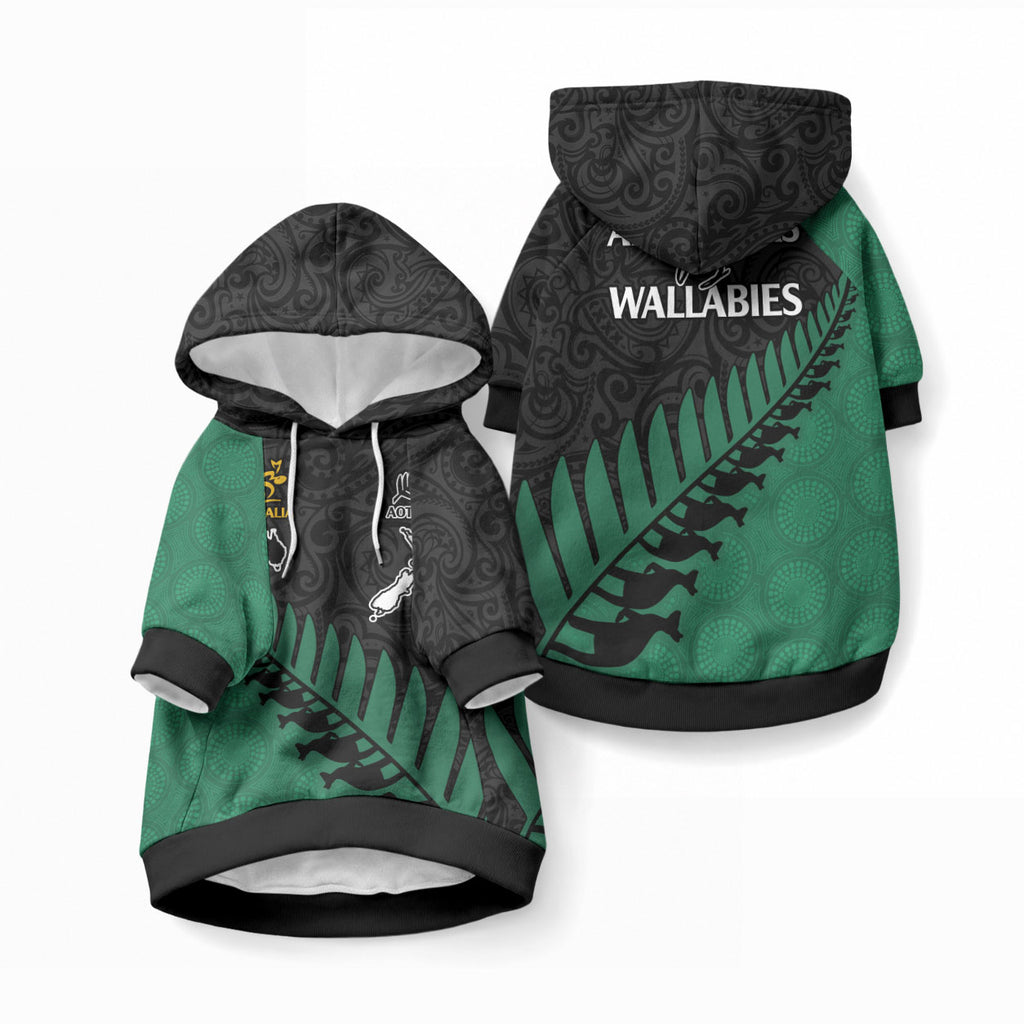 Australia Wallabies and Aotearoa Rugby Pet Hoodie Kangaroo Black Fern Maori Green Vibe