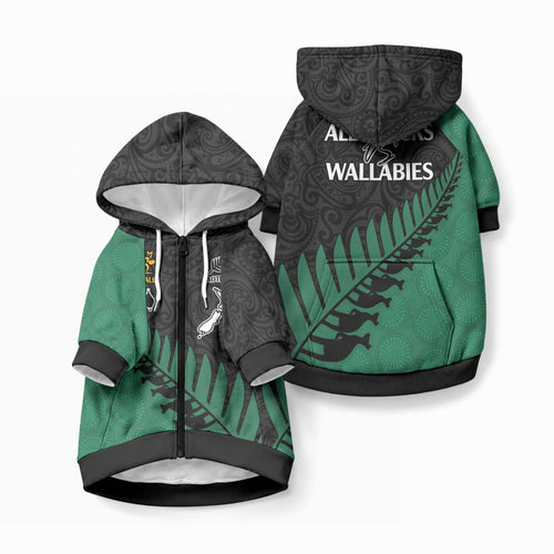 Australia Wallabies and Aotearoa Rugby Pet Hoodie Kangaroo Black Fern Maori Green Vibe