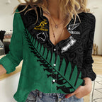 Australia Wallabies and Aotearoa Rugby Women Casual Shirt Kangaroo Black Fern Maori Green Vibe LT9